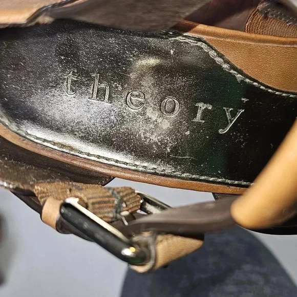 THEORY Brown T Strap Women Platform Heels Sz 7/37.5 - Picture 3 of 9